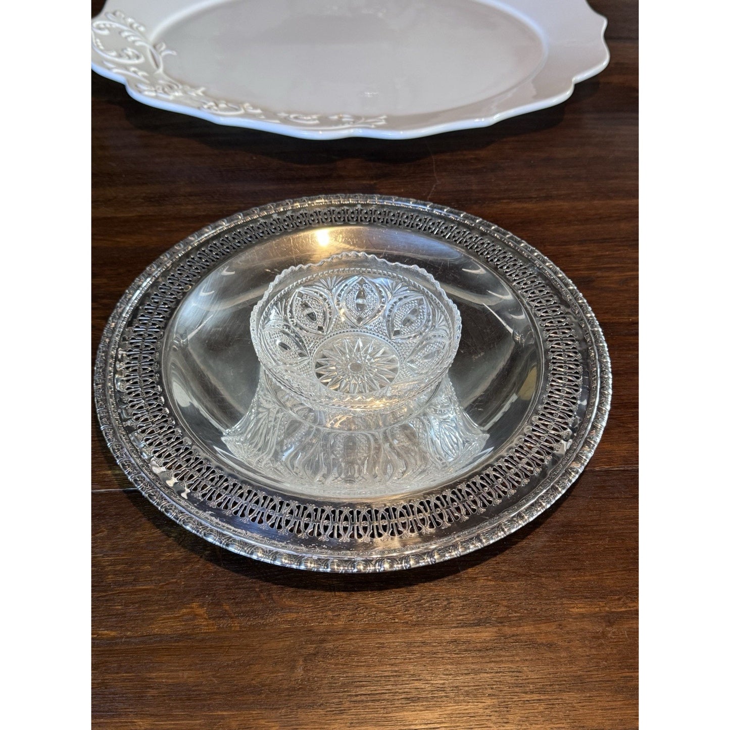 Silverplate Relish Dish Rogers Bros Reticulated Bowl w Antique Glass Insert 9”