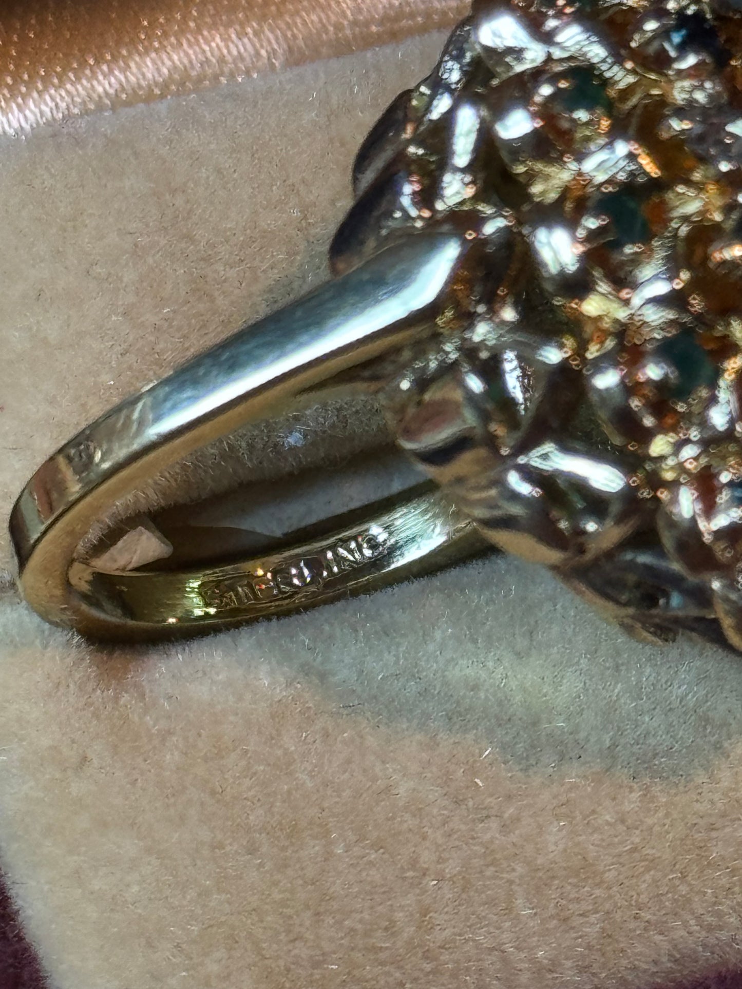 Vintage Sterling Gold Plated Princess Ring Green Jade Tone Cabochon Rhinestones Sz 6.75