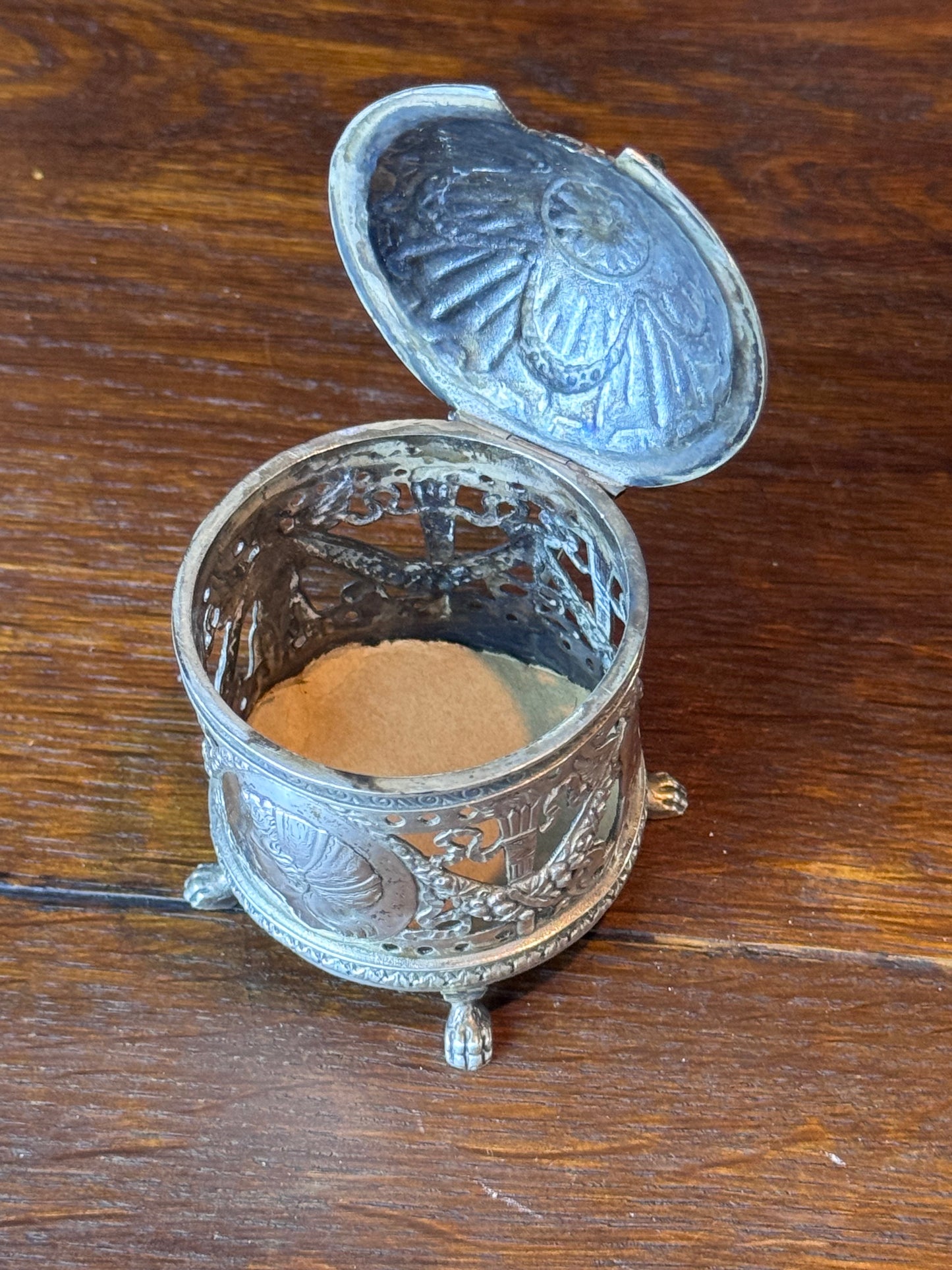 Antique Silverplate Mustard Pot Holder Case No Glass Insert Figural Footed 3”