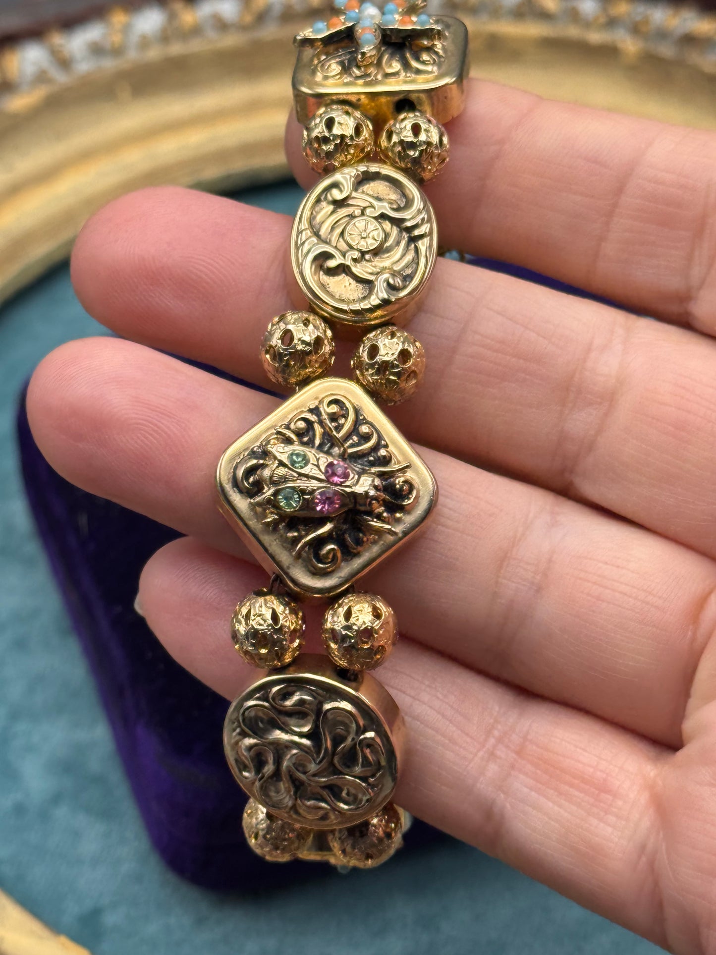 Victorian Revival Goldtone Slide Bracelet 7.5” Ornate Panel