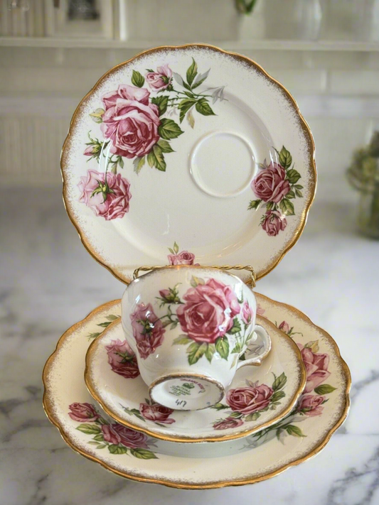 VINTAGE Cabbage Rose 4 Pc Luncheon & Snack Set Royal Standard Orleans Bone China