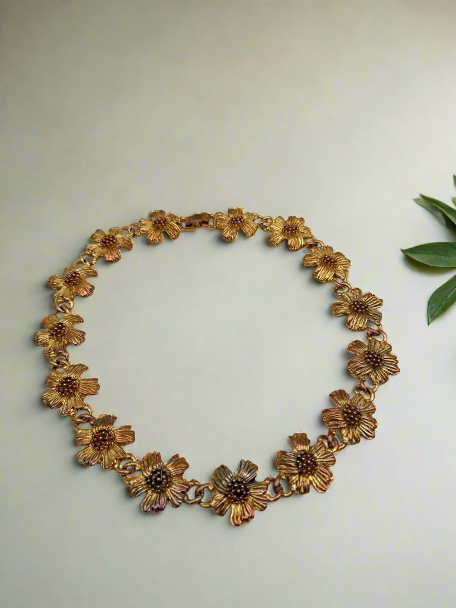 Vintage Dogwood Flower Style Gold Tone Iridescent Necklace