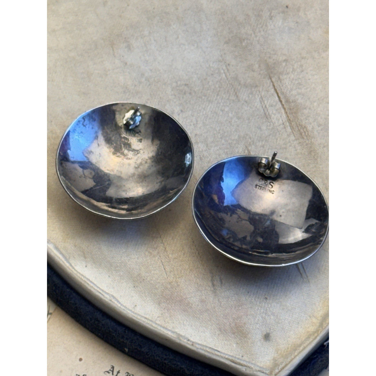 C&S Sterling Silver Black Onyx Post Earrings Round Modernist Statement 1 3/8”