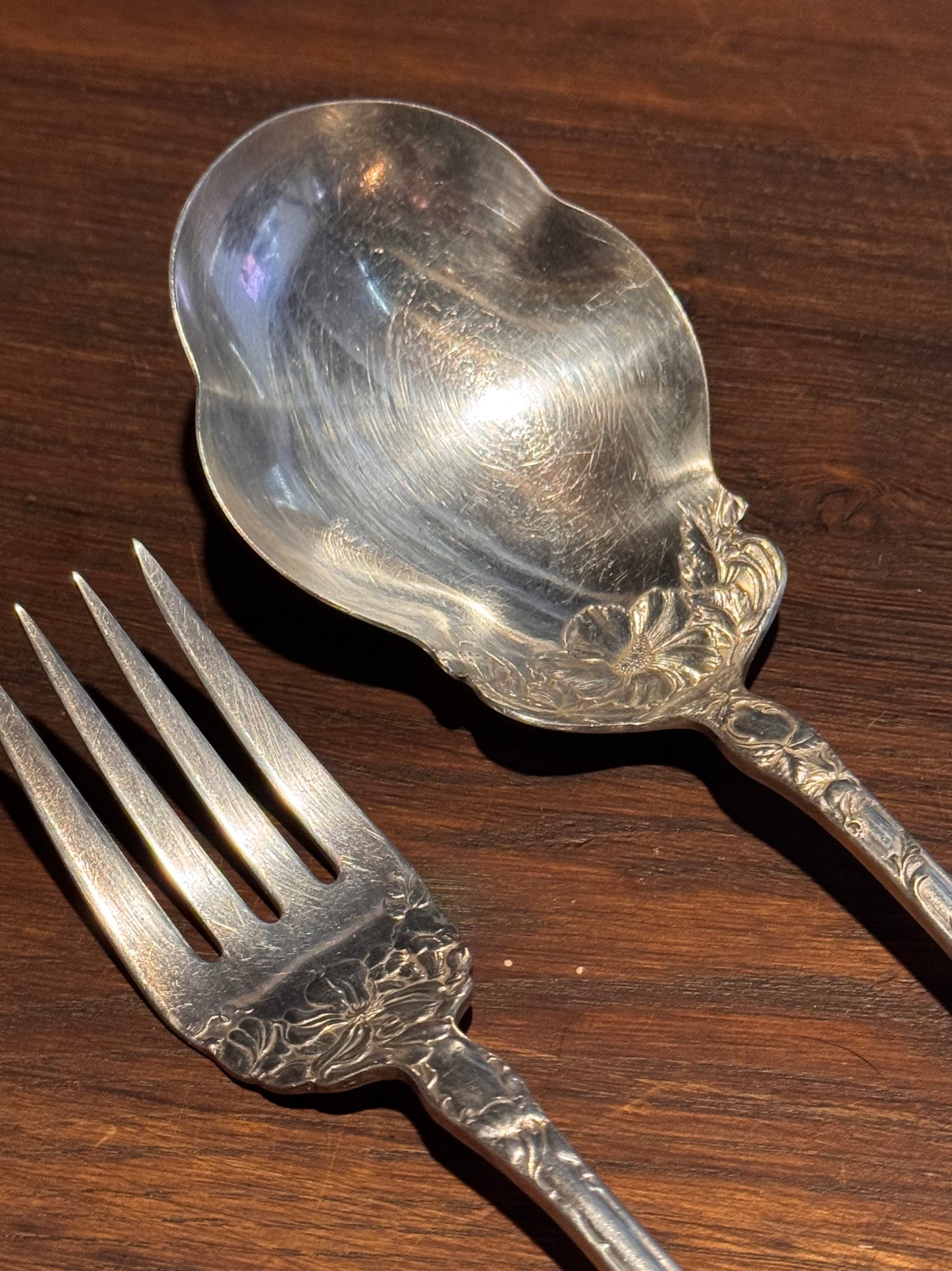 Antique Wallace Silverplate Serving Set Myrtle Engraved Spoon Fork Floral