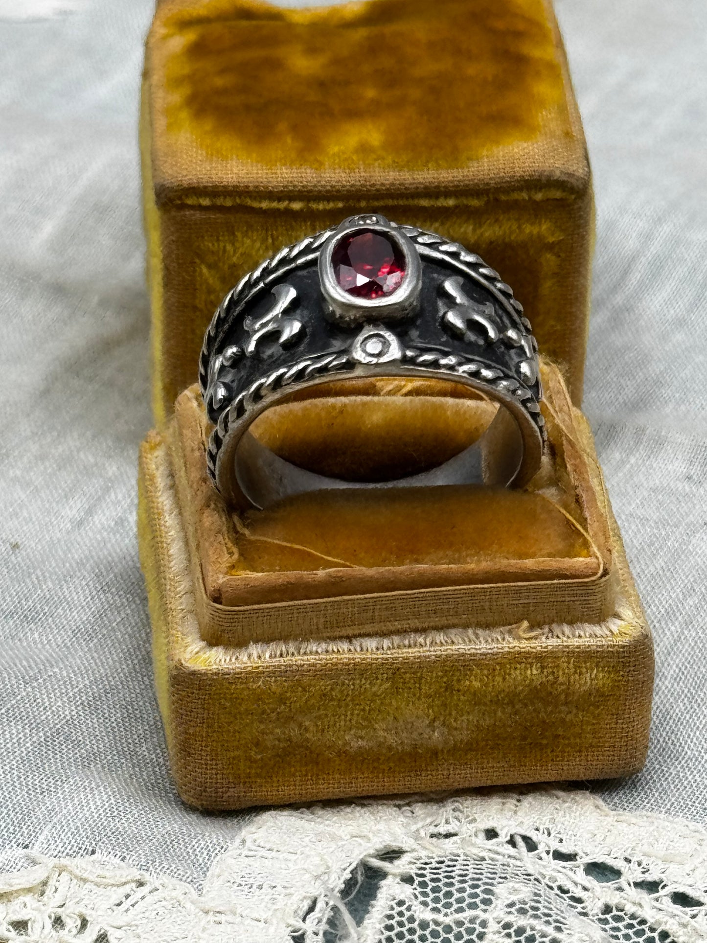 Sterling Silver Garnet Tone Ring Size 7.5 Wide Band Gothic Style 925