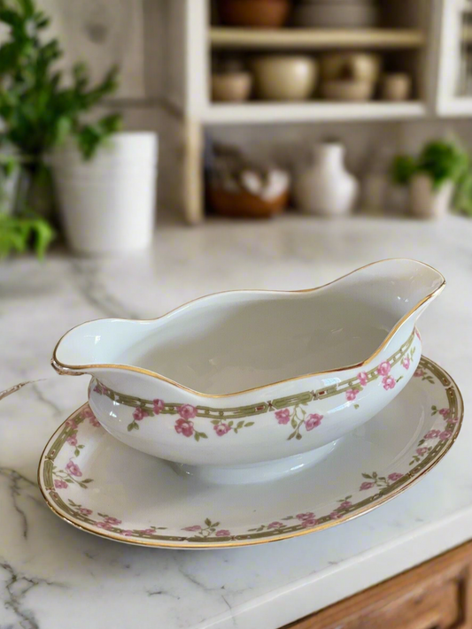 Pink Rose Floral Gold Rim Gravy Boat ZS & Co China Zeh Scherzer VINTAGE