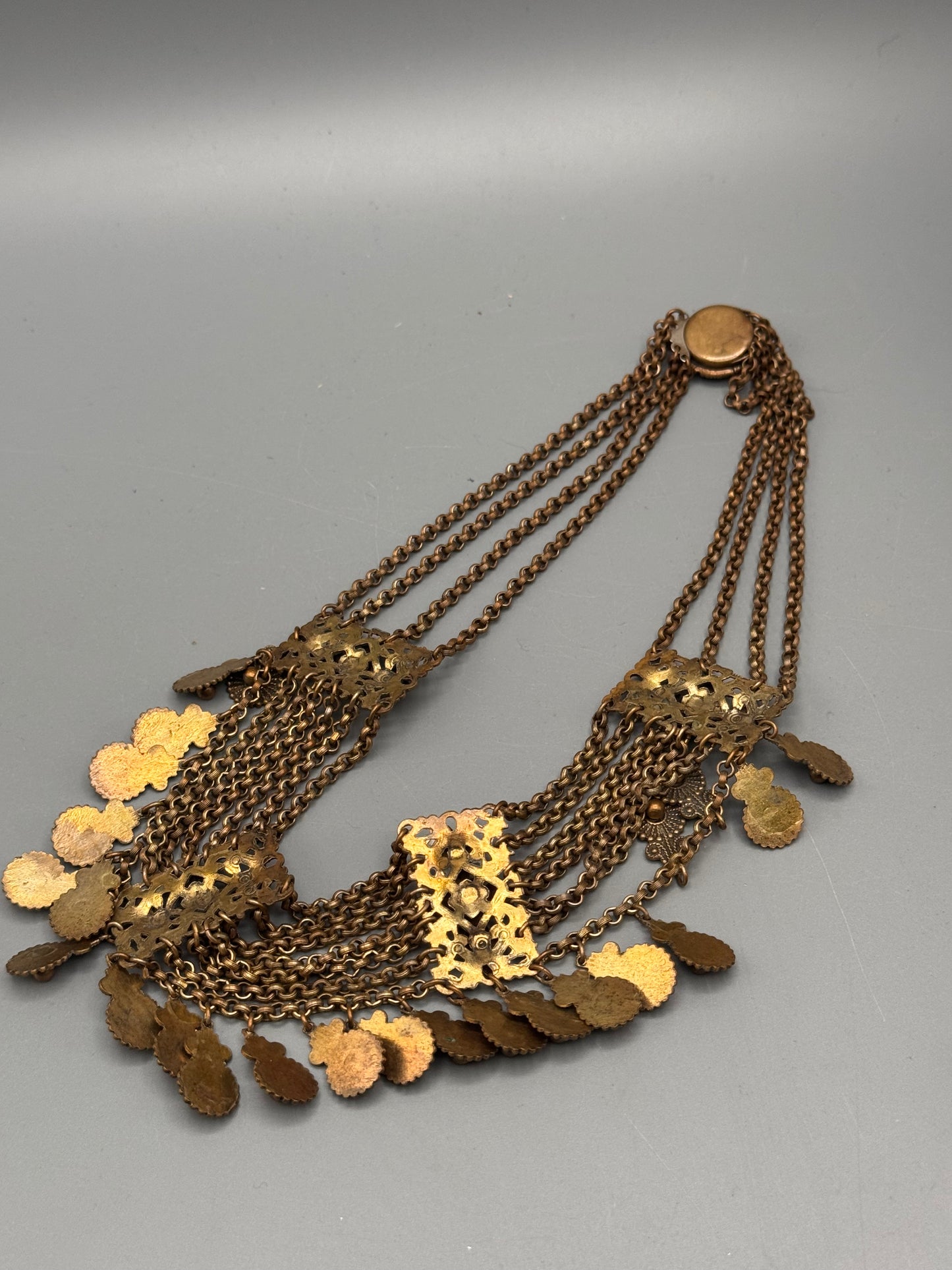 Vintage Festoon Necklace Brass Tone Multi Chain Dangle Statement 16”