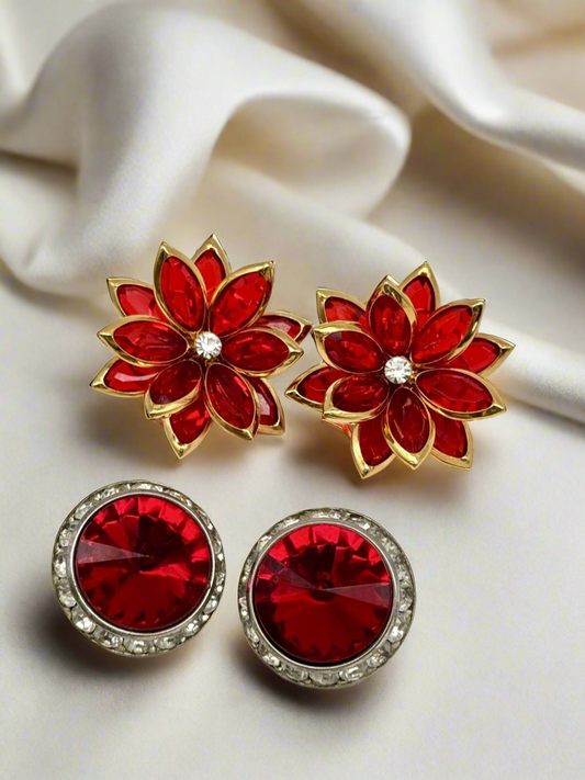 2 Pair Of Vintage RED Costume Clip-on Earrings