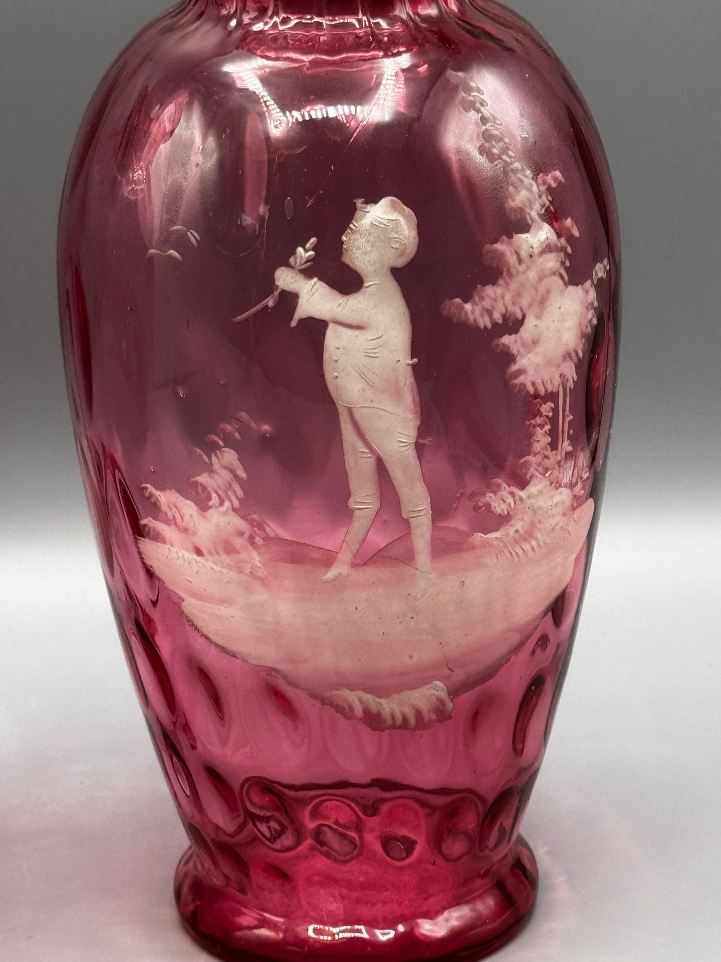 Vintage Pair Mary Gregory Style Cranberry Glass Vases Boy & Girl 10.5”