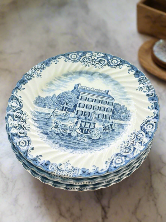 Heritage Hall Blue & White Staffordshire circa 9.5” 6 X Dinner Plates