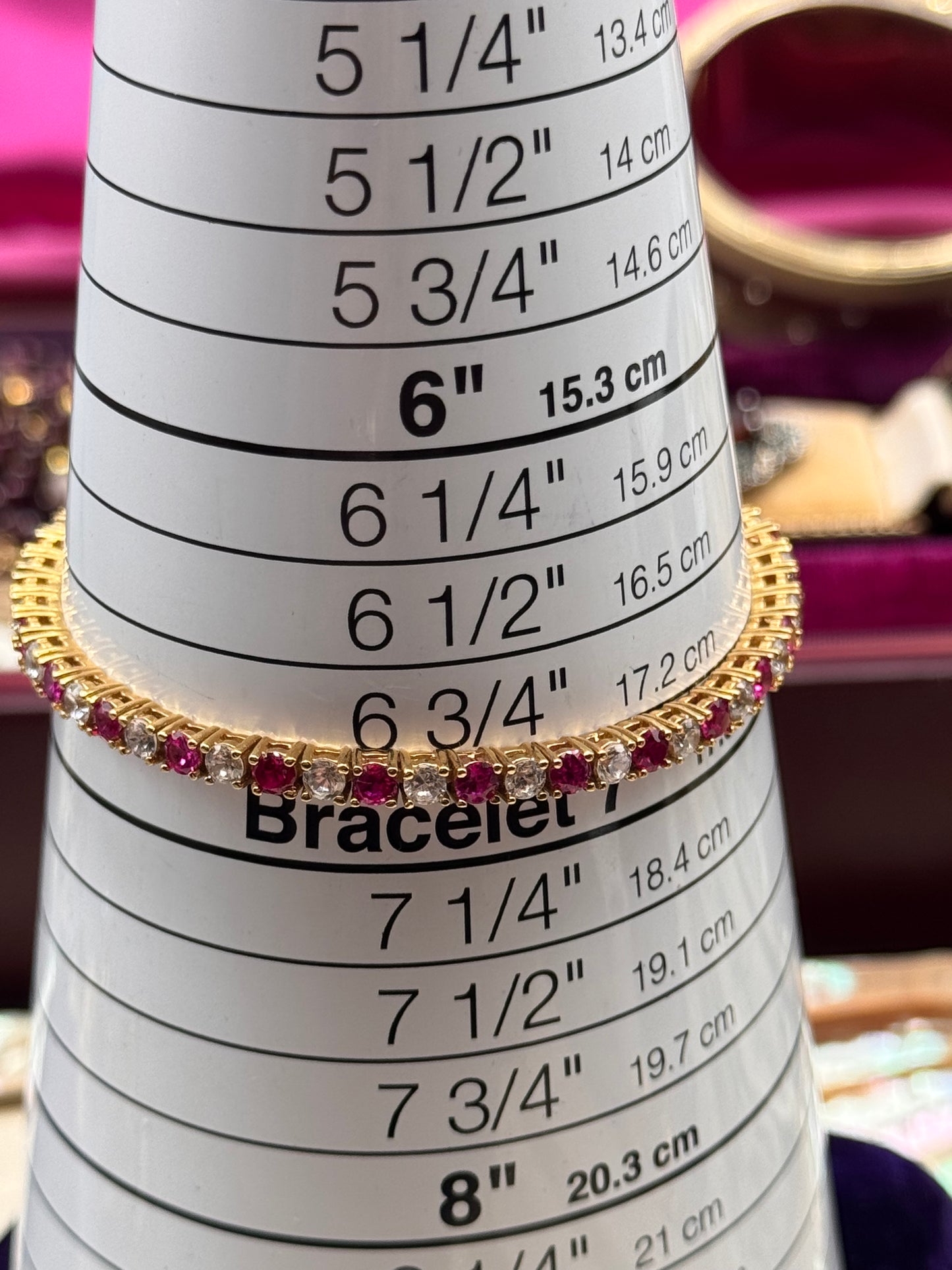 Vintage Tennis Bracelet Pink Clear Stones 925 Gold Vermeil 6.75”