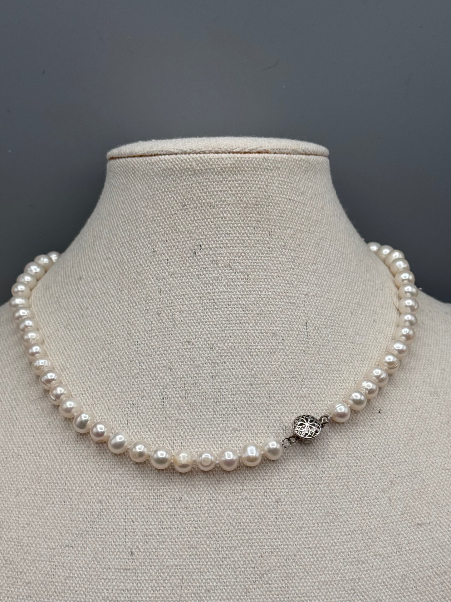 Vintage Cultured Pearl Necklace 7mm Knotted Strand 16.5” Filigree Clasp White