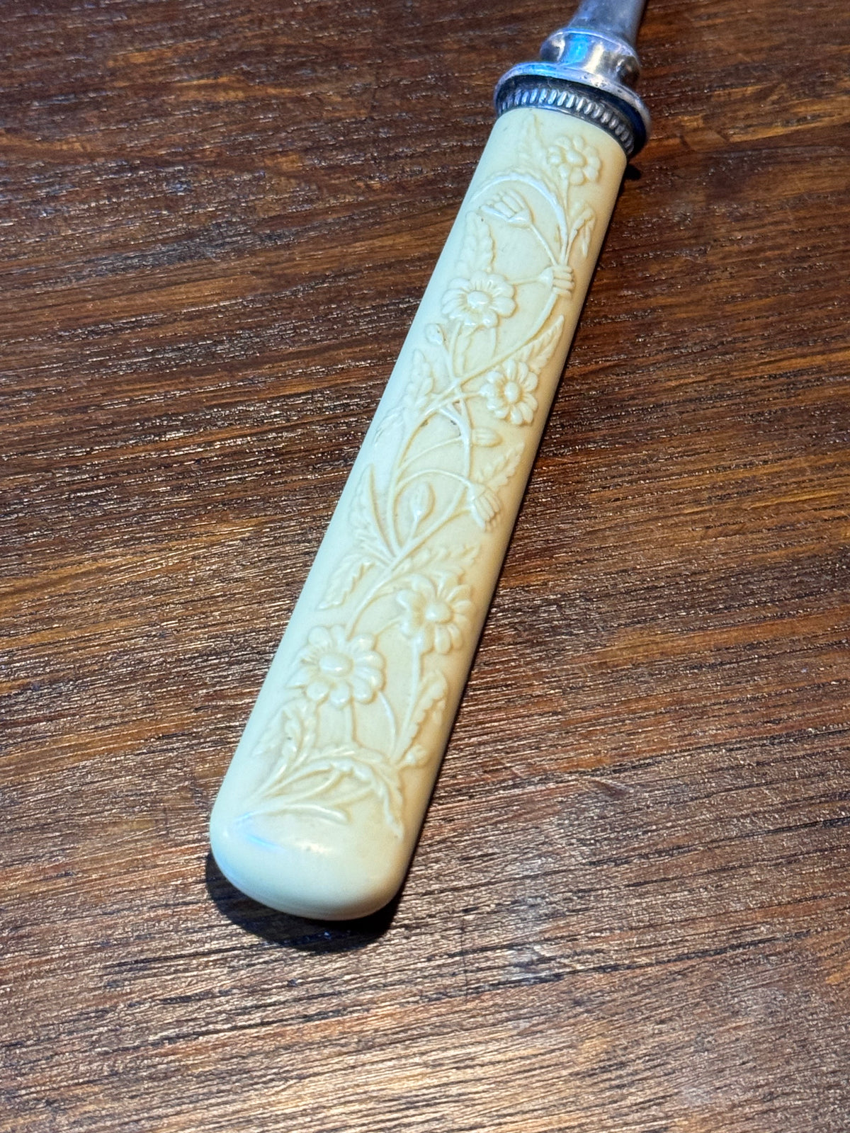 Antique Stilton Cheese Scoop Celluloid Floral Handle Silver Plate Serving Utensil