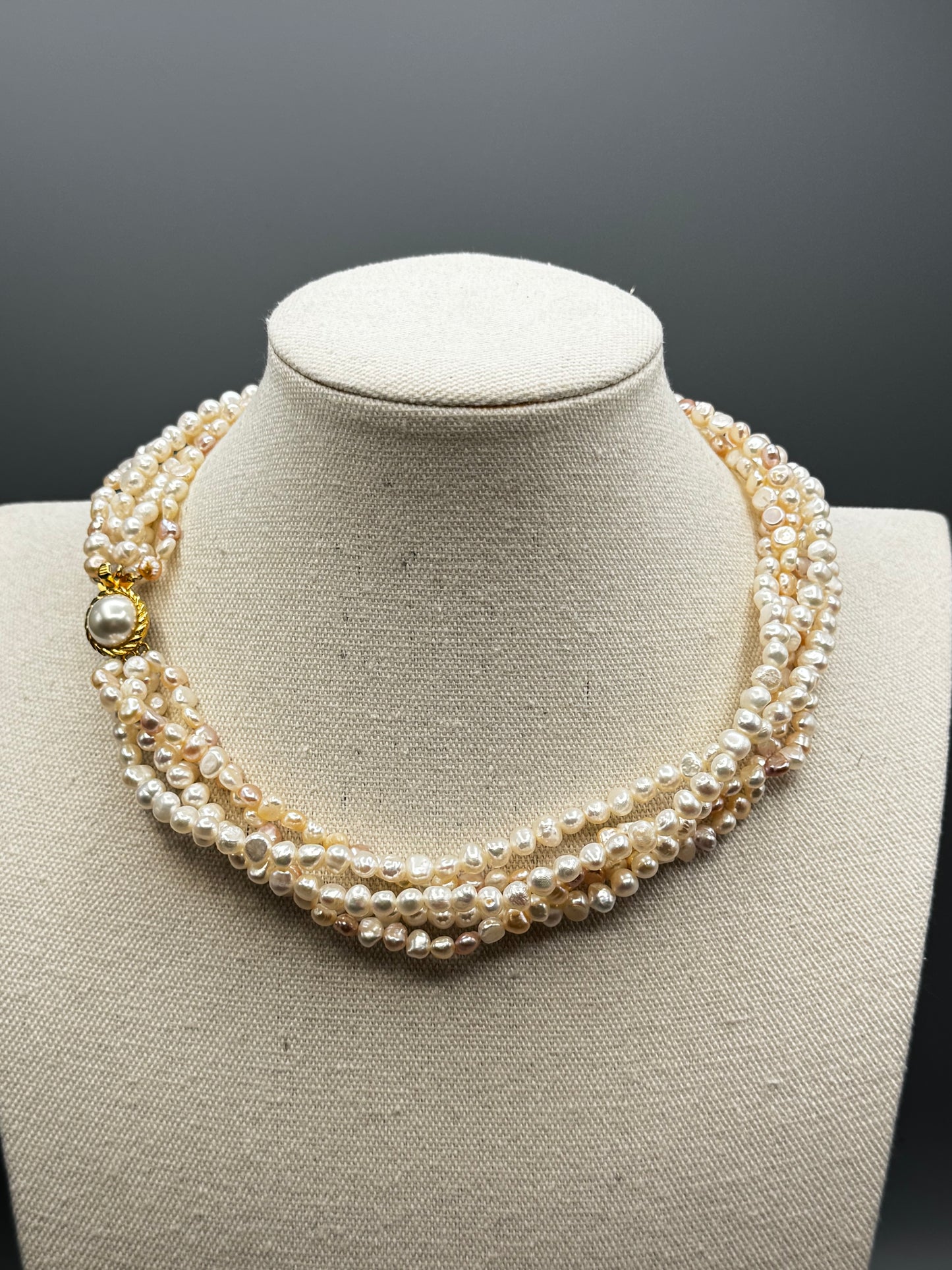 Vintage 5 Strand Freshwater Pearl Necklace Goldtone Clasp 17.5”