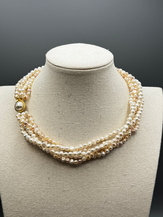 Vintage 5 Strand Freshwater Pearl Necklace Goldtone Clasp 17.5”