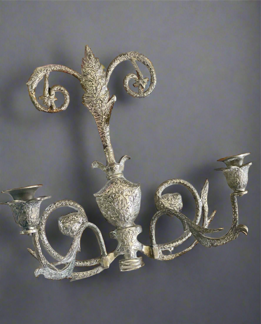 Large Candle Wall Sconces Pair Chased Ornate Hand Crafted Vintage Silverplate