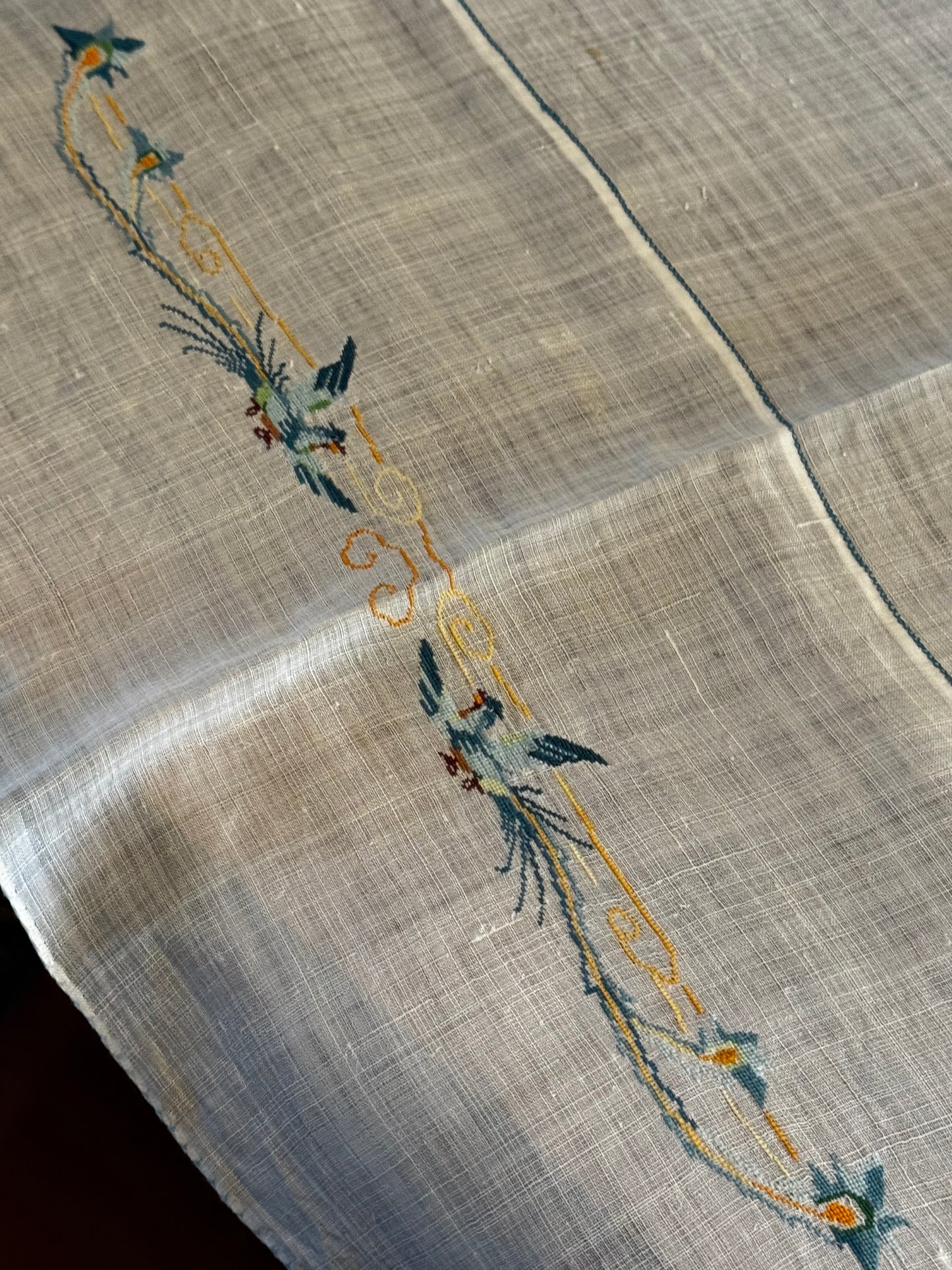 Vintage Linen Table Topper Pair Phoenix Bird Motif Embroidered Chinoiserie Style