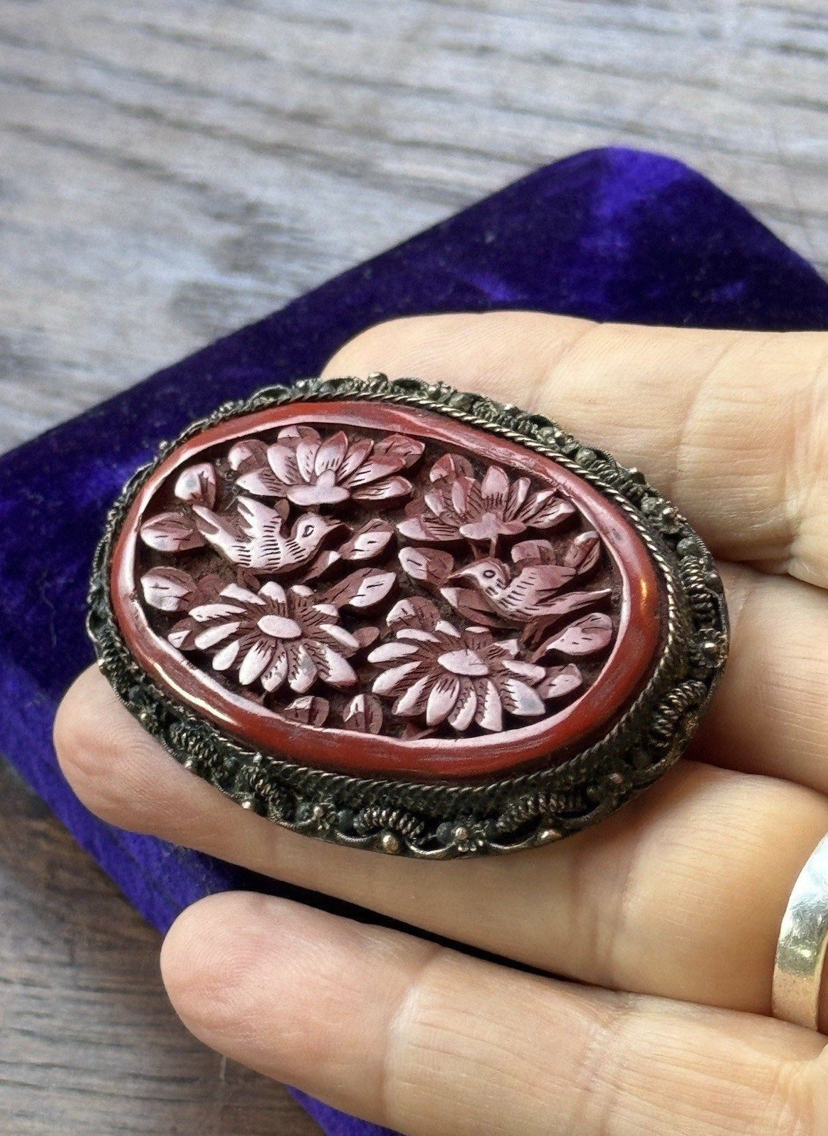 Vintage Cinnabar Brooch 2.25” Chinese EXPORT Carved Birds Flowers Silvertone