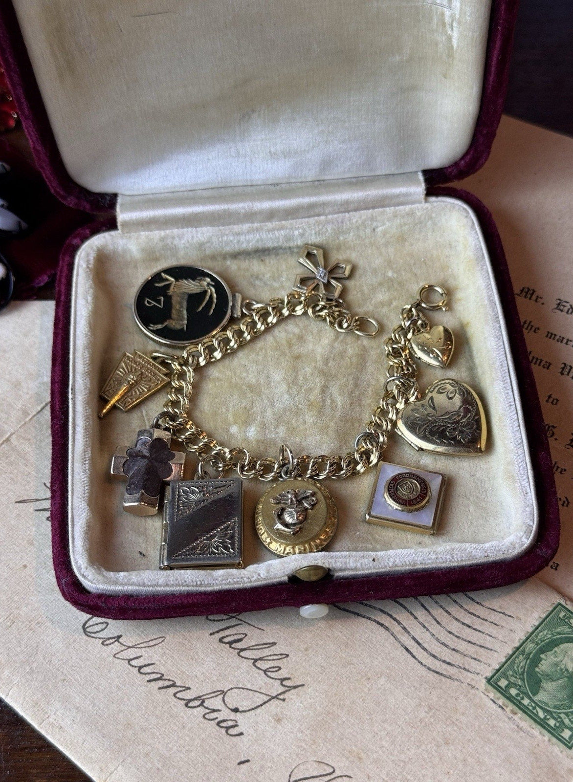 Gold-Filled Charm Bracelet 9 Charms Lockets Cross Marine Fordham 6.5”