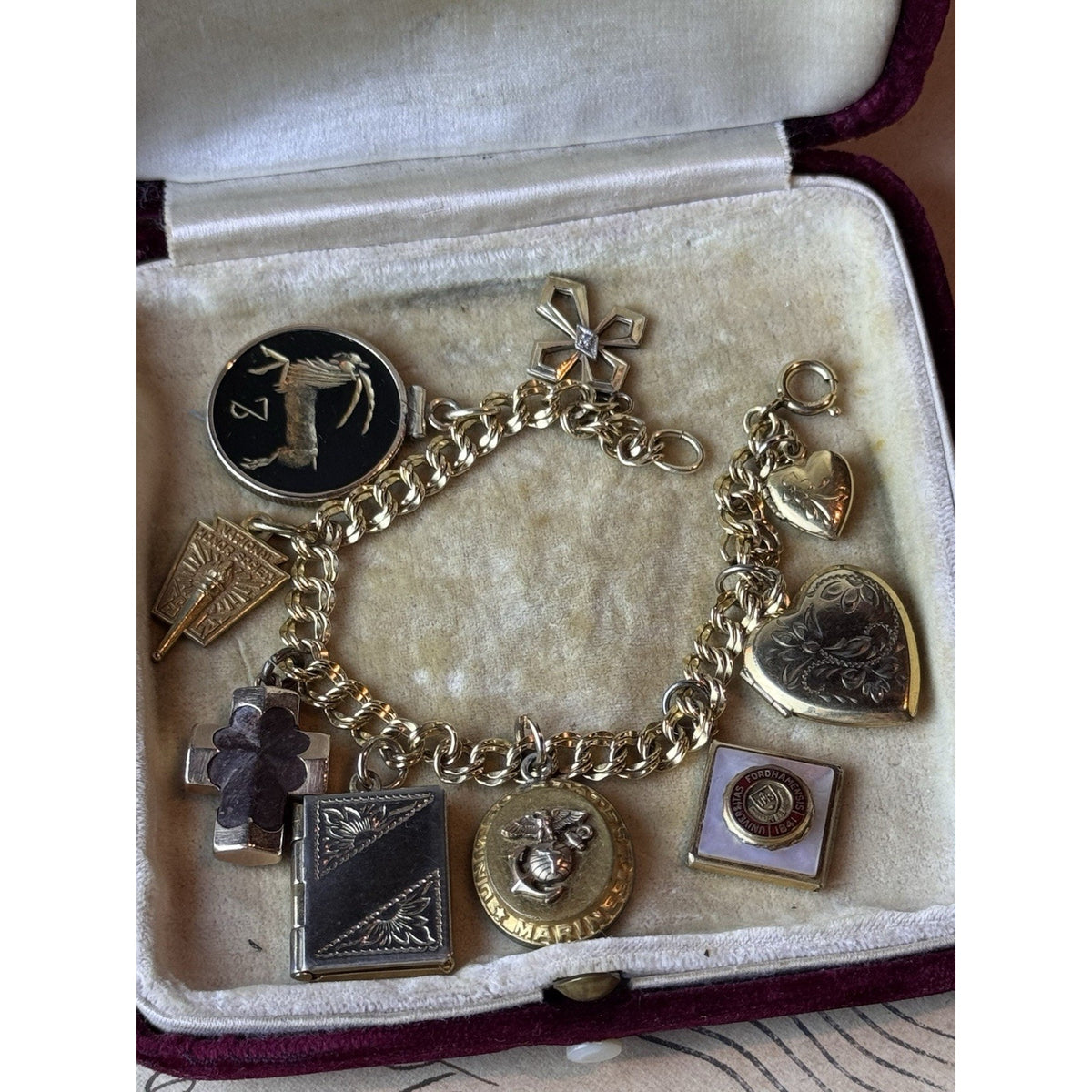 Gold-Filled Charm Bracelet 9 Charms Lockets Cross Marine Fordham 6.5”