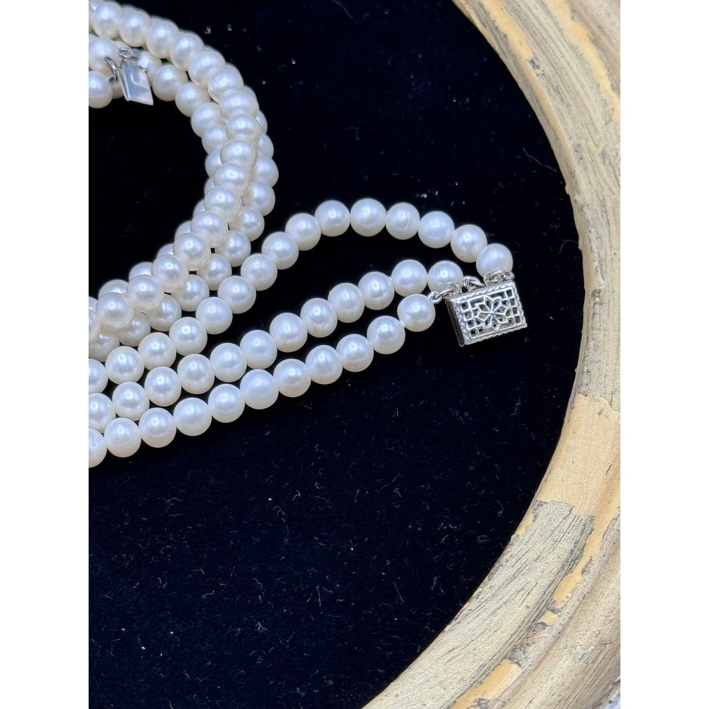 Vintage Cultured Pearl Necklace 3 Strand 16” White Pearls Silvertone Clasp