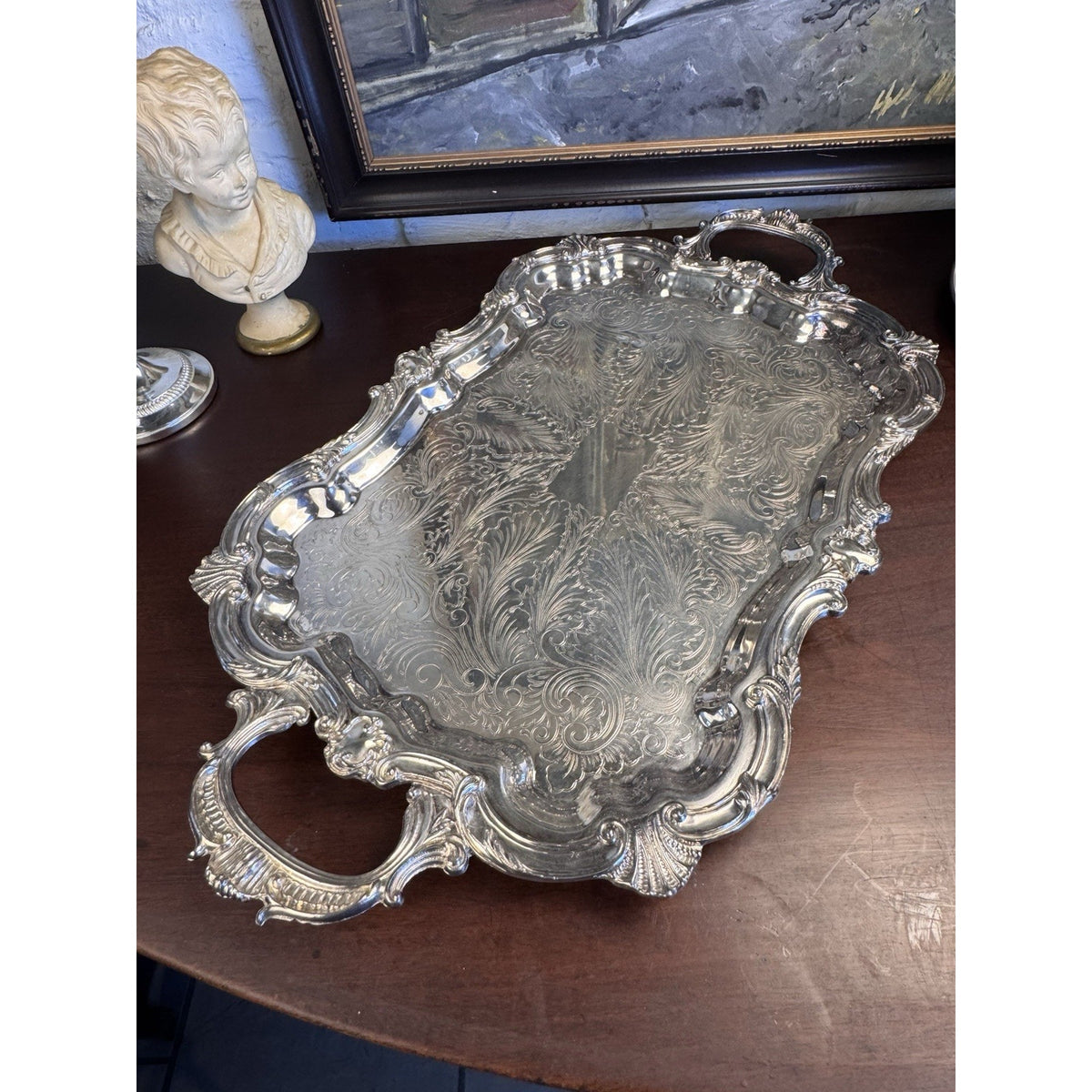 Silverplate Serving Tray Footed Handled Shell Motif Large Decorative