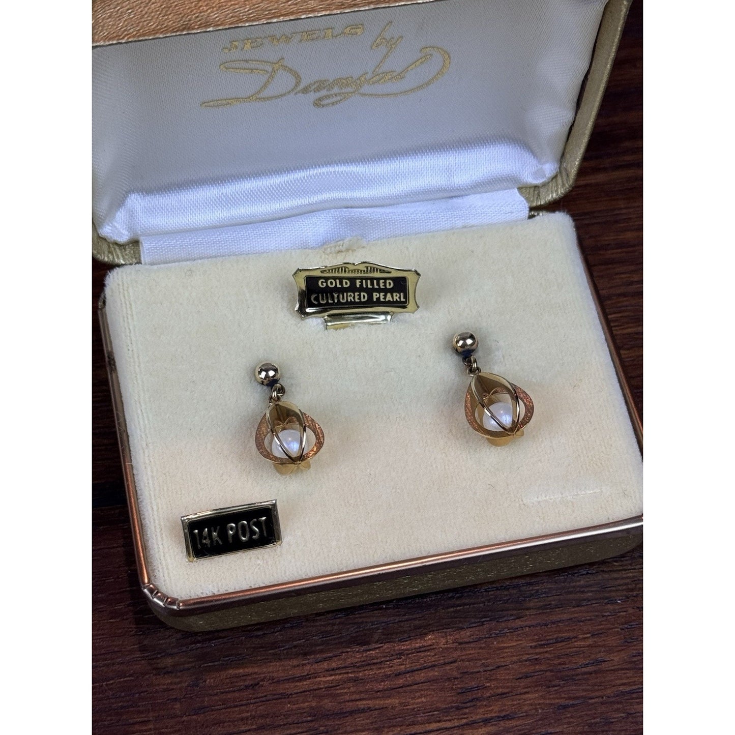Vintage Gold Filled Cultured Pearl Drop Earrings 14K Posts Orig Case 1.25”