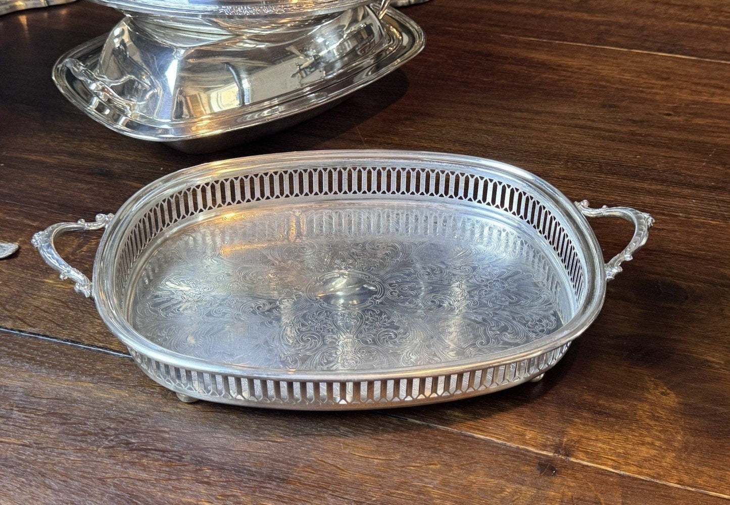 Silverplate Gallery Tray Footed Handled Wallace Ornate Serving Vanity 14”