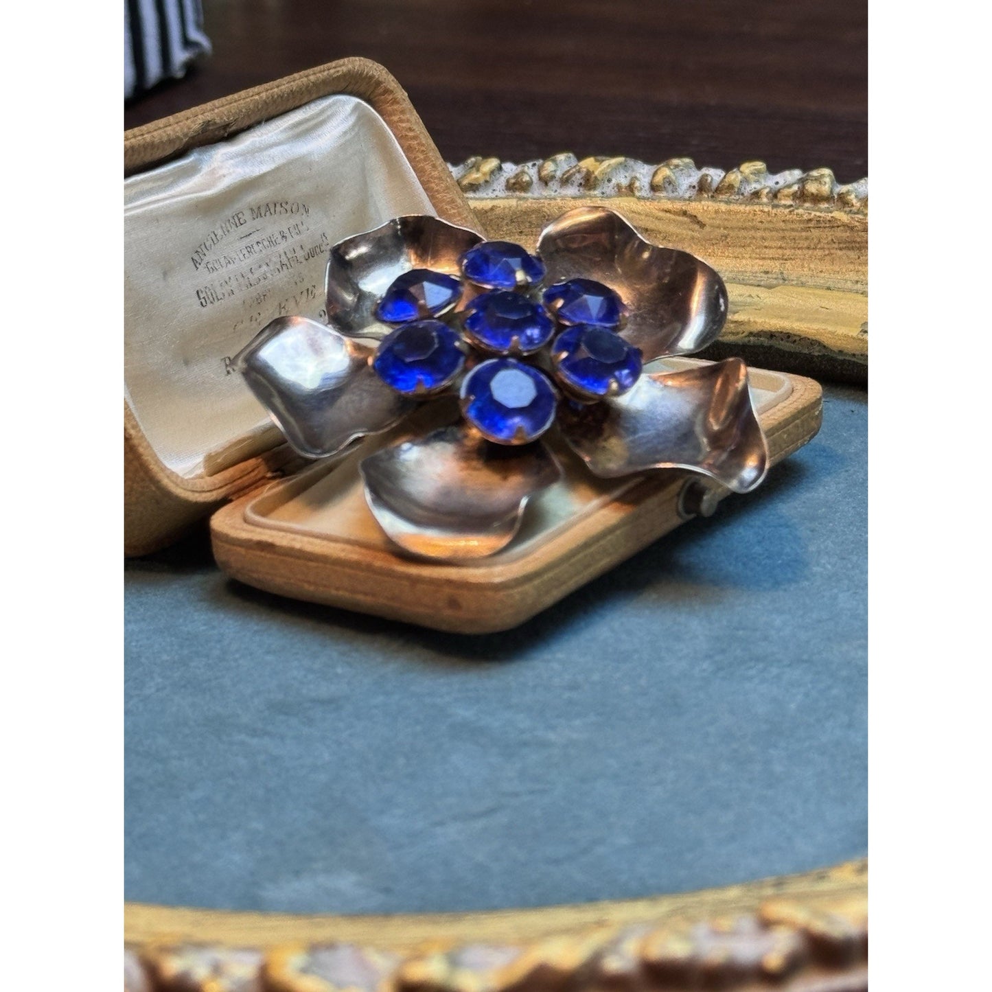 Vintage Sterling Vermeil Flower Brooch With Cobalt Blue Rhinestones