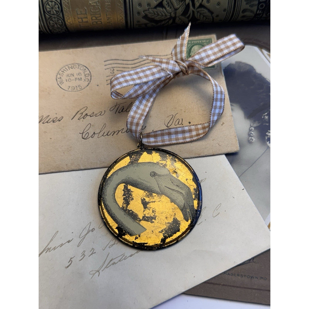 Lucite Flamingo Head Pendant Ornament Gold Foil Black Vintage 2.25