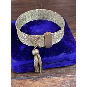 Goldtone Greek Key Bracelet Mesh Belt Tassel Adjustable 7”+ VINTAGE