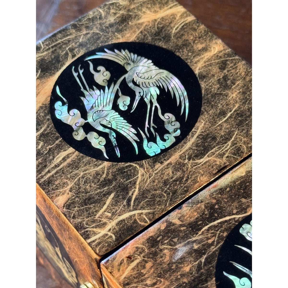 Wood Jewelry Box Asian Mother Of Pearl Inlay Crane Duck 4 Drawer 6.5”