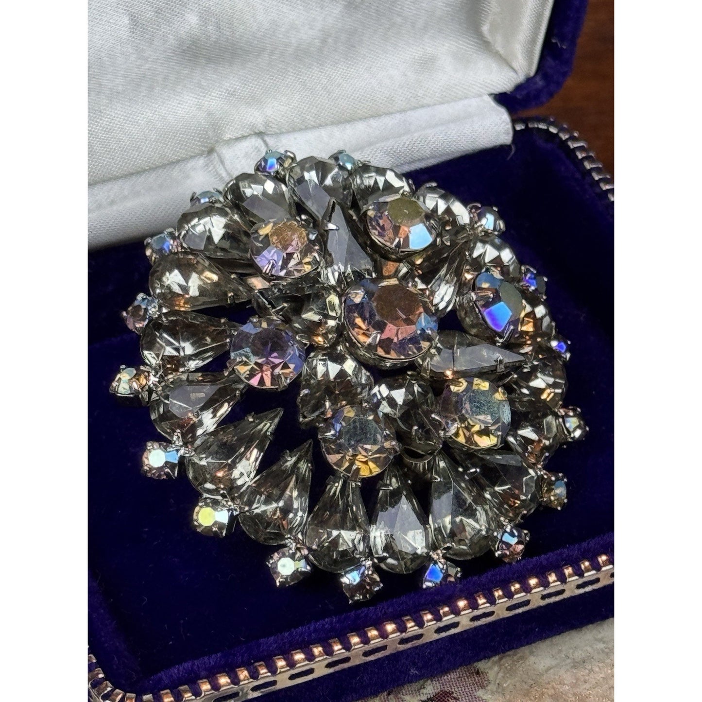 Vintage Smoky Gray AB Rhinestone Statement Brooch 2” Layered Floral Cluster