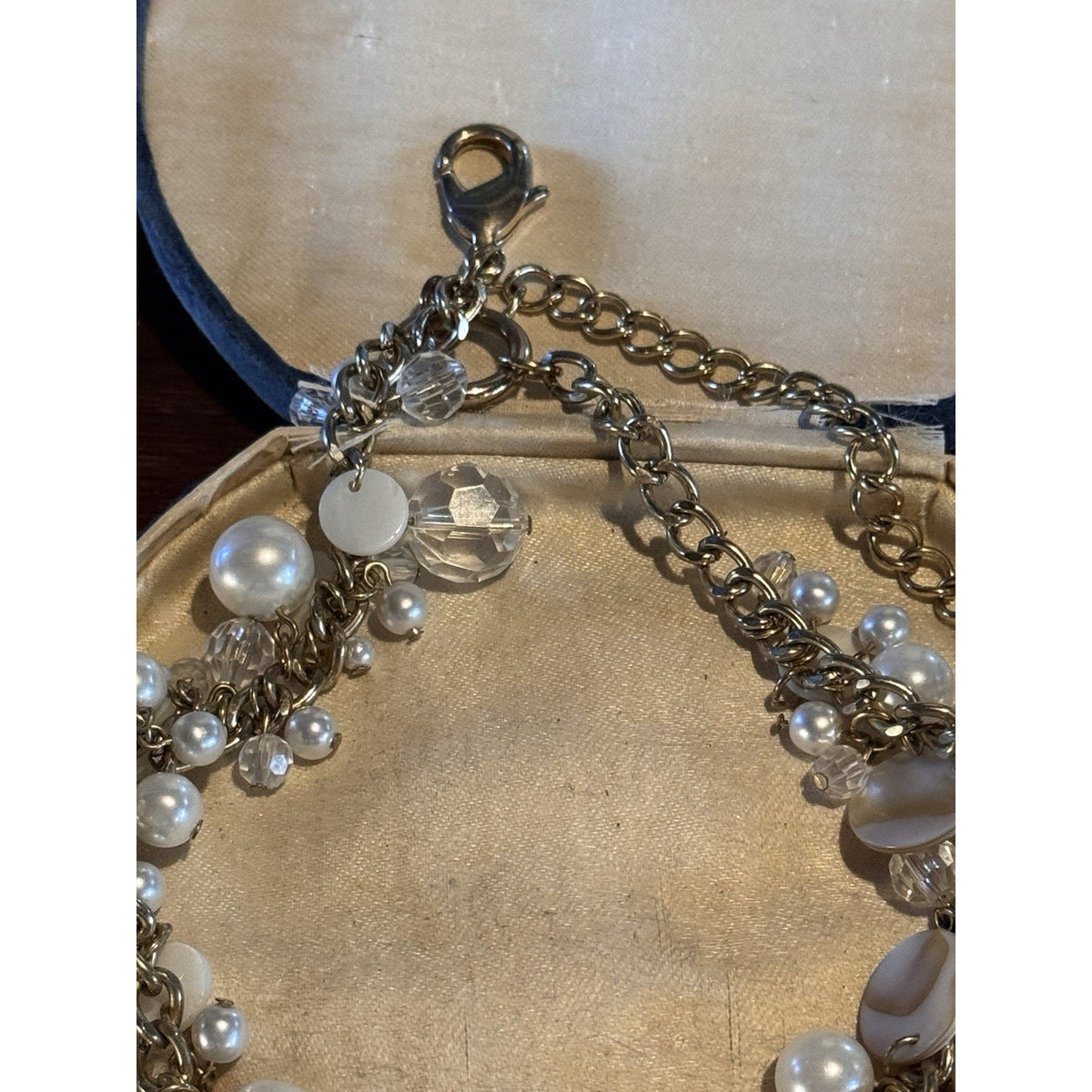 Goldtone Ocean Charm Necklace Starfish Faux Pearl Crystal Statement 19.5”