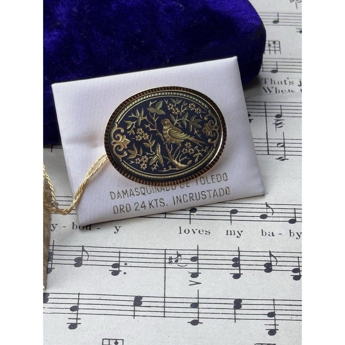 Toledo Damascene Bird Brooch 24K 18K Gold Inlay Spain 1.5”