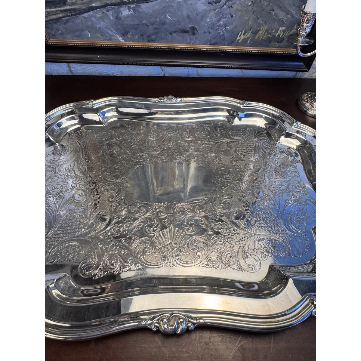 LARGE Silverplate Tray Sheffield Reproduction 31” Chased Ornate Handles