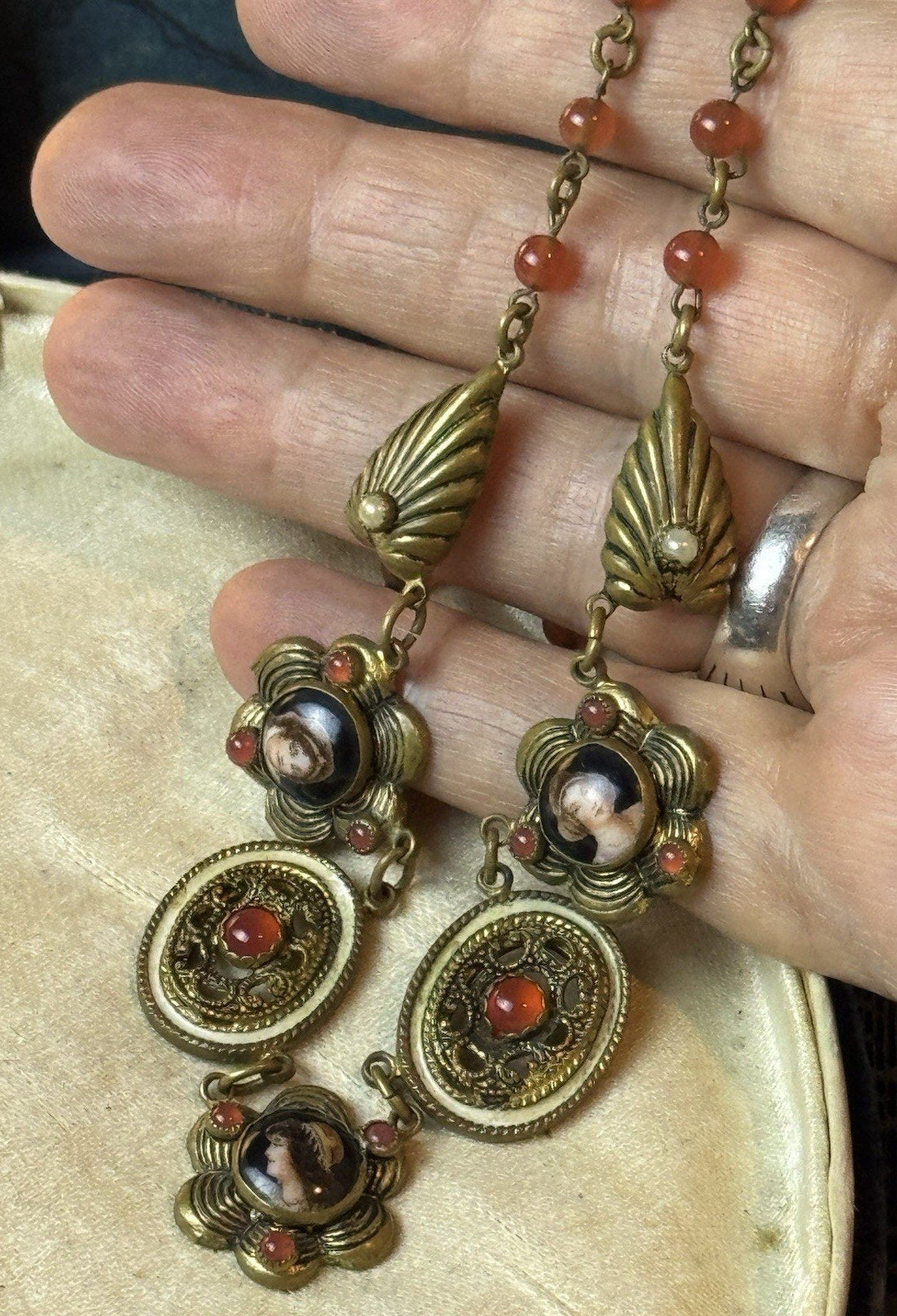 Victorian Revival Brass Necklace Portrait Links Coral Orange Glass Beads 16”