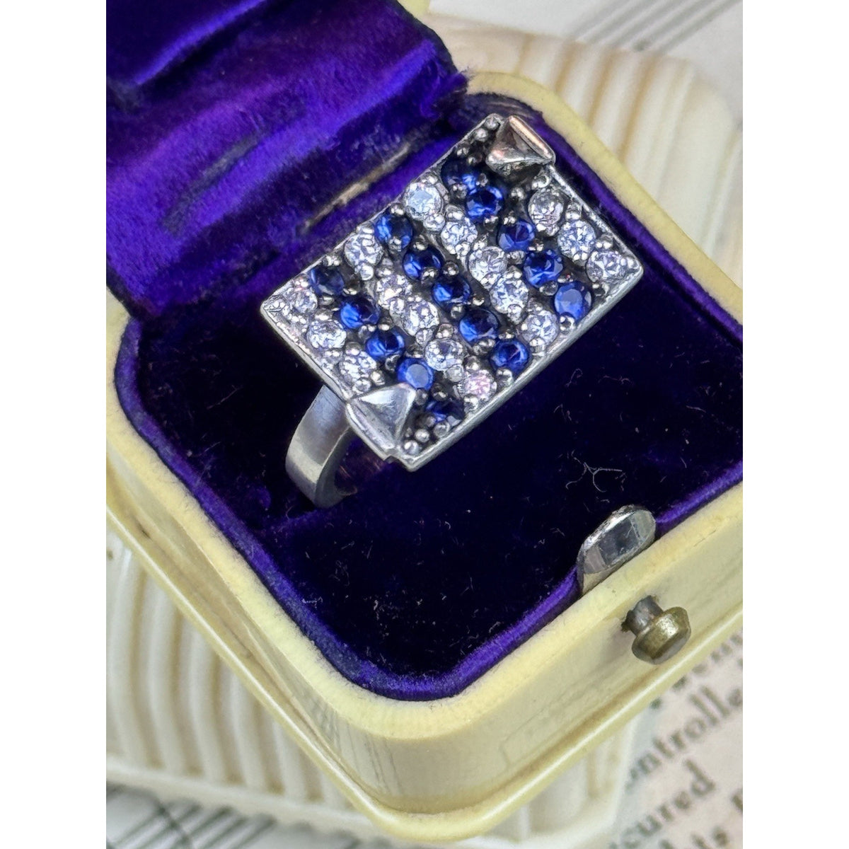 Sterling Silver Blue Clear Rhinestone Statement Ring Vintage 925 Size 7