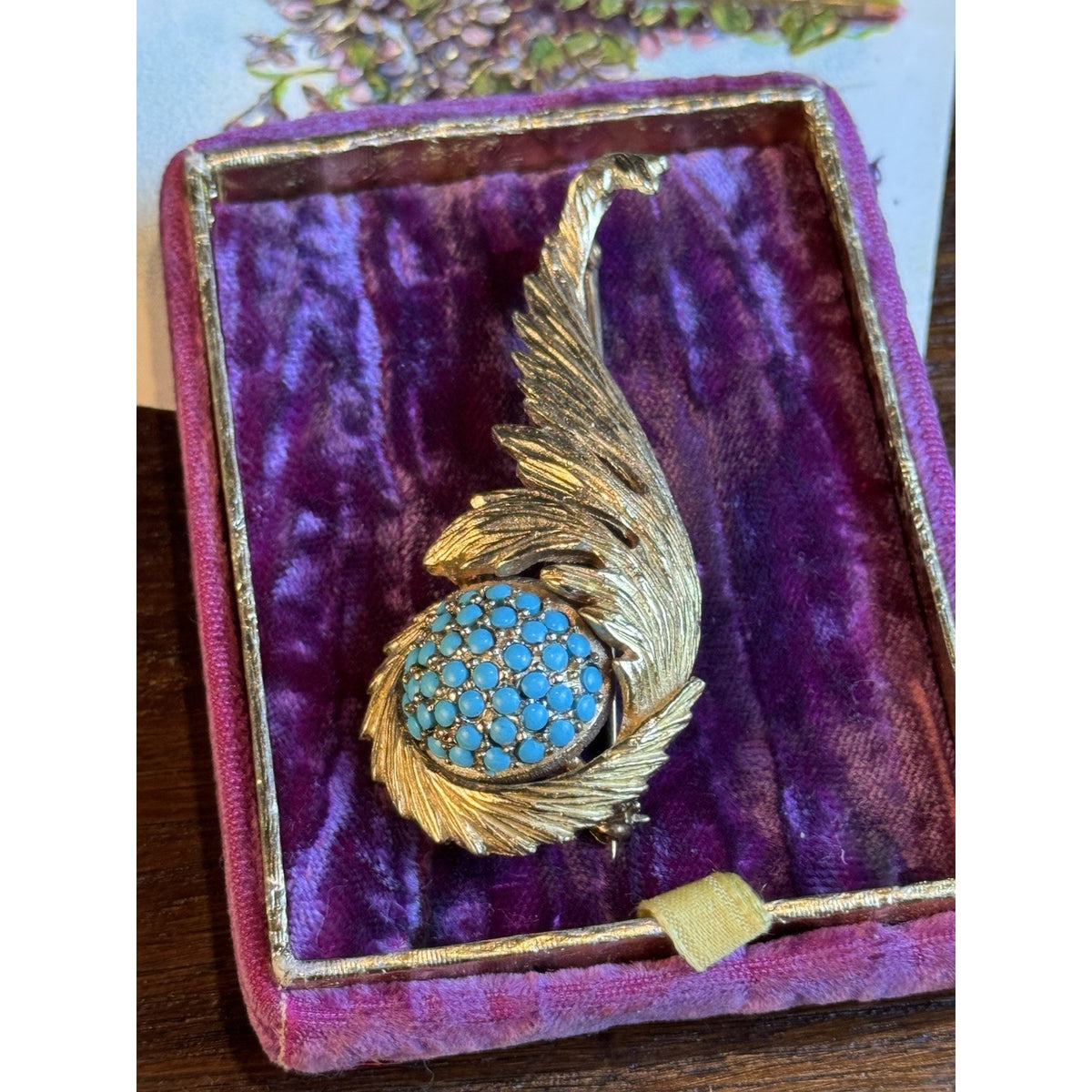 Signed Hattie Carnegie Brooch Goldtone Feather Turquoiseblue Glass 2.5”