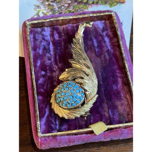 Signed Hattie Carnegie Brooch Goldtone Feather Turquoiseblue Glass 2.5”