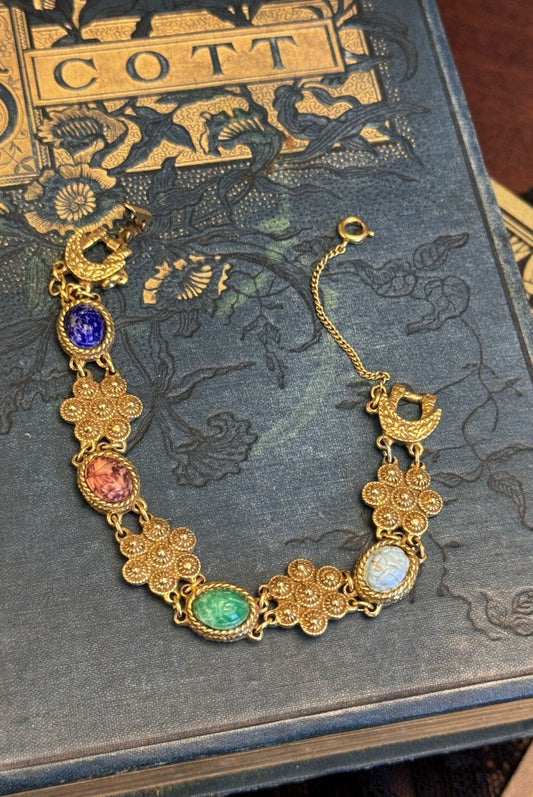 Goldette Bracelet Scarab Goldtone Colorful Etruscan Revival Signed Vintage 6.75”