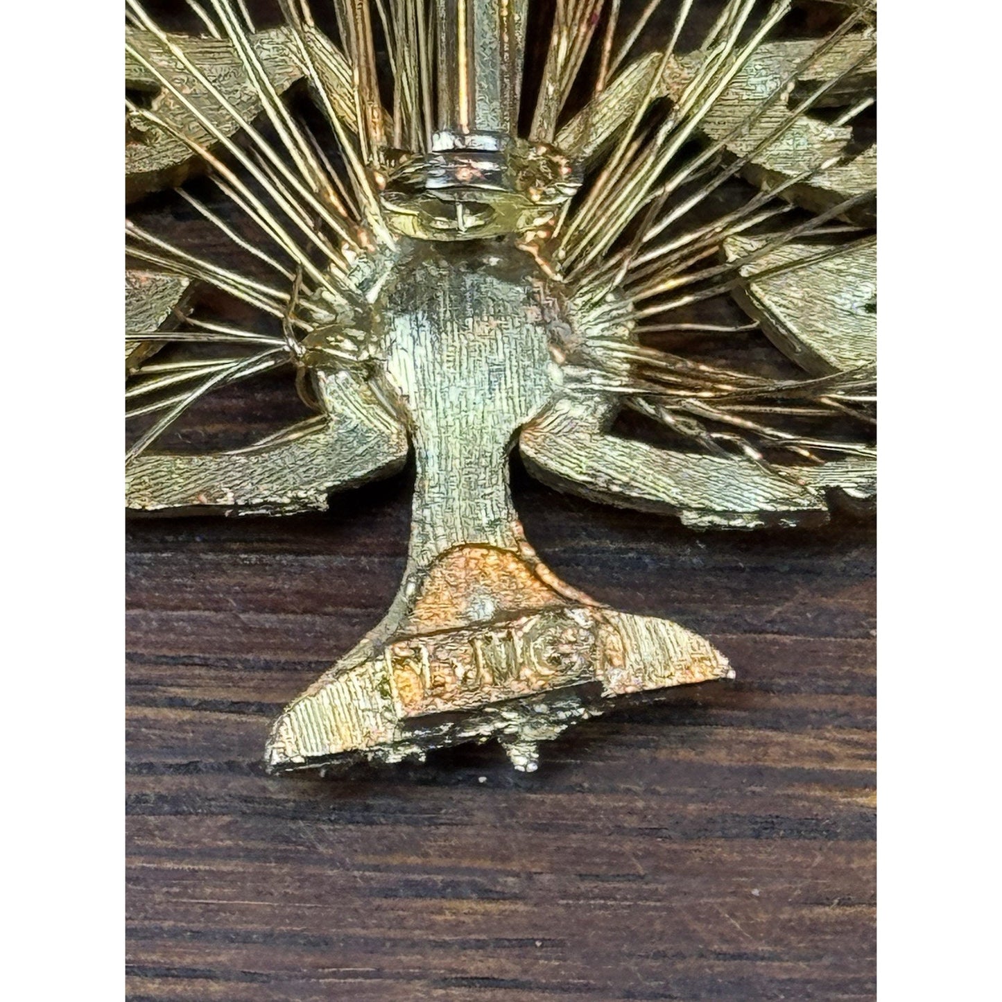 Vintage LJM Rhinestone Christmas Tree Brooch Goldtone Harp Wire Holiday Pin