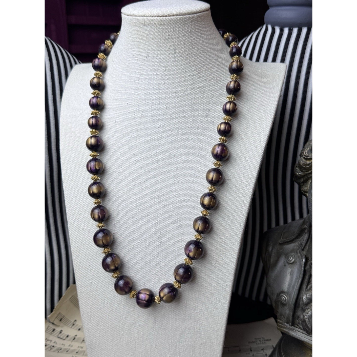 Vintage Crown Trifari Aubergine Beaded Necklace Bracelet Set Goldtone 27”