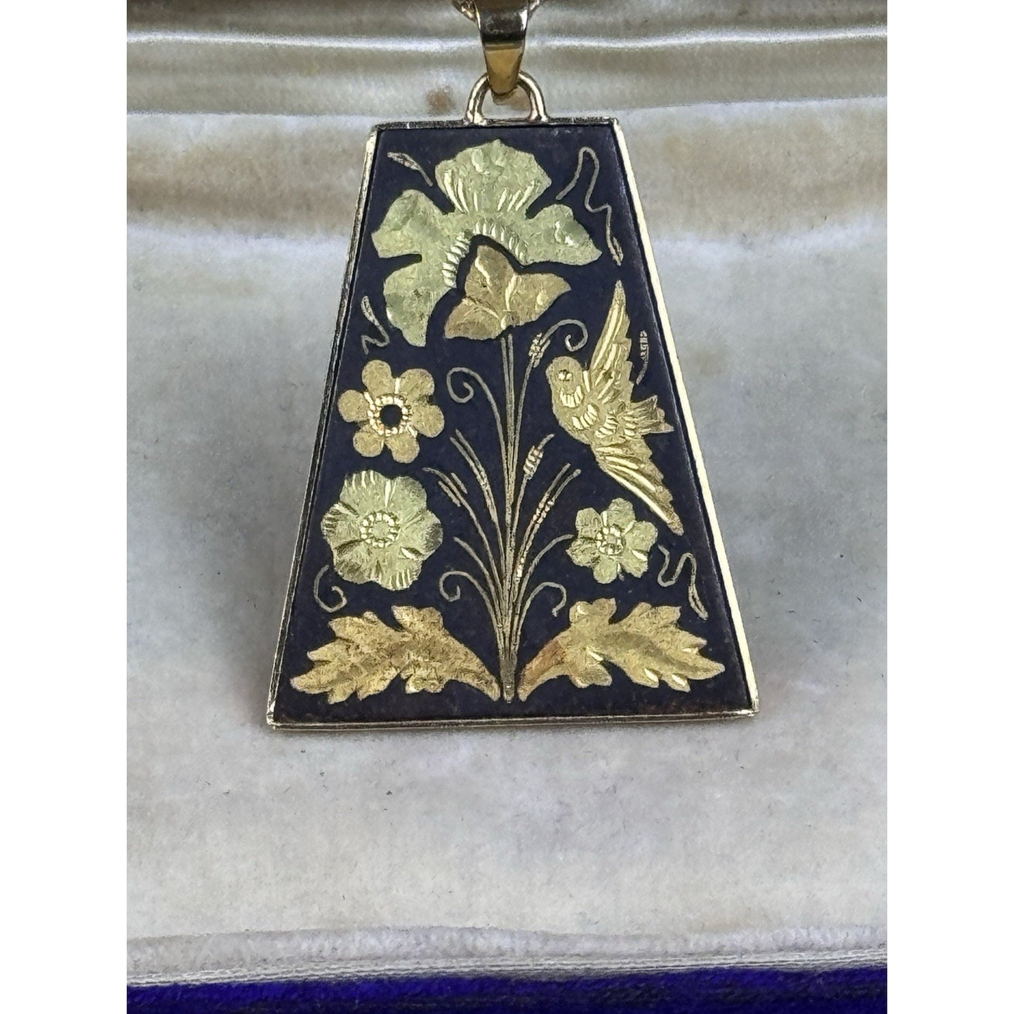 Vintage Damascene Bird Flower Pendant Necklace Gold Filled Chain 18”