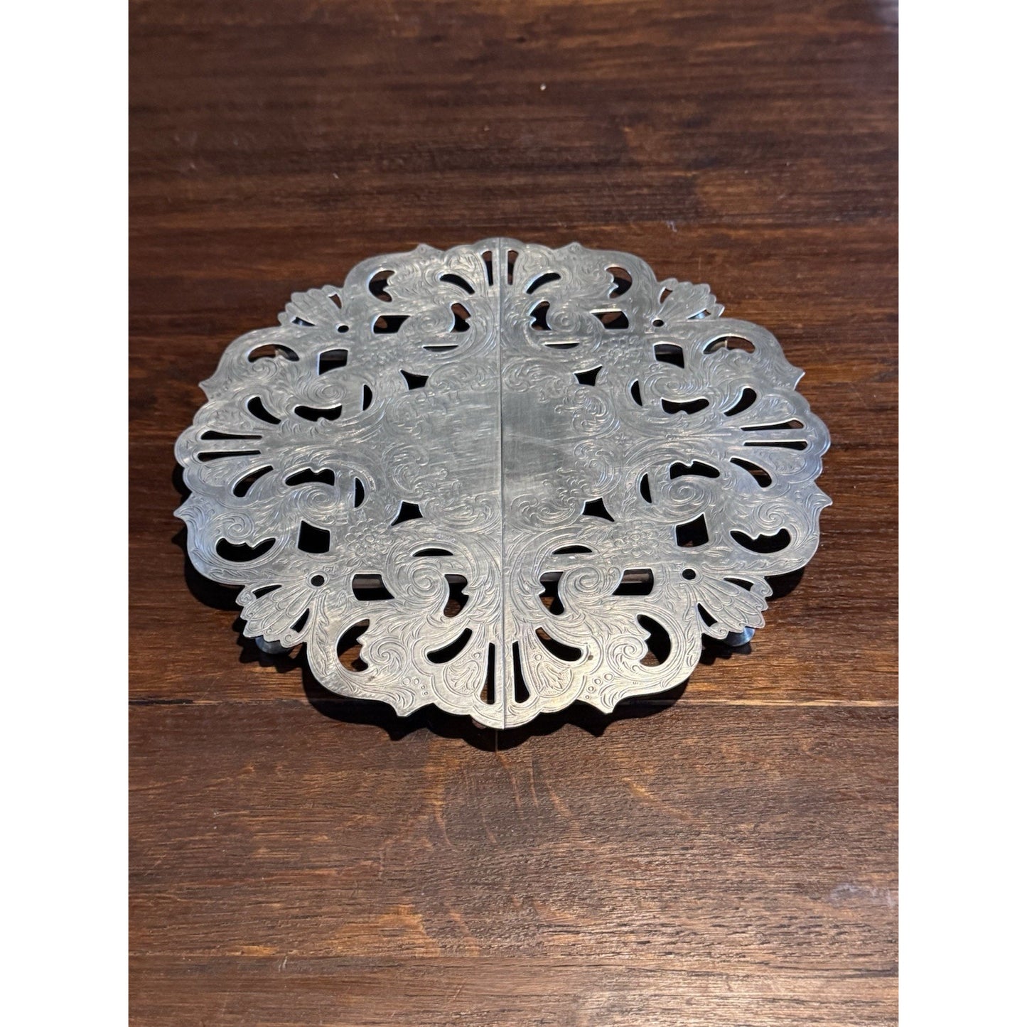Silverplate Expandable Trivet Footed Serving Dish Stand Pierced VINTAGE