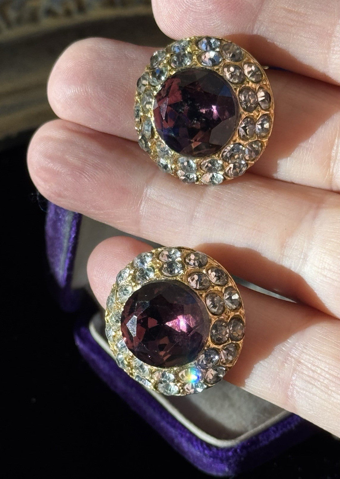Blair Delmonico Clip On Earrings Purple Clear Rhinestone Round Vintage