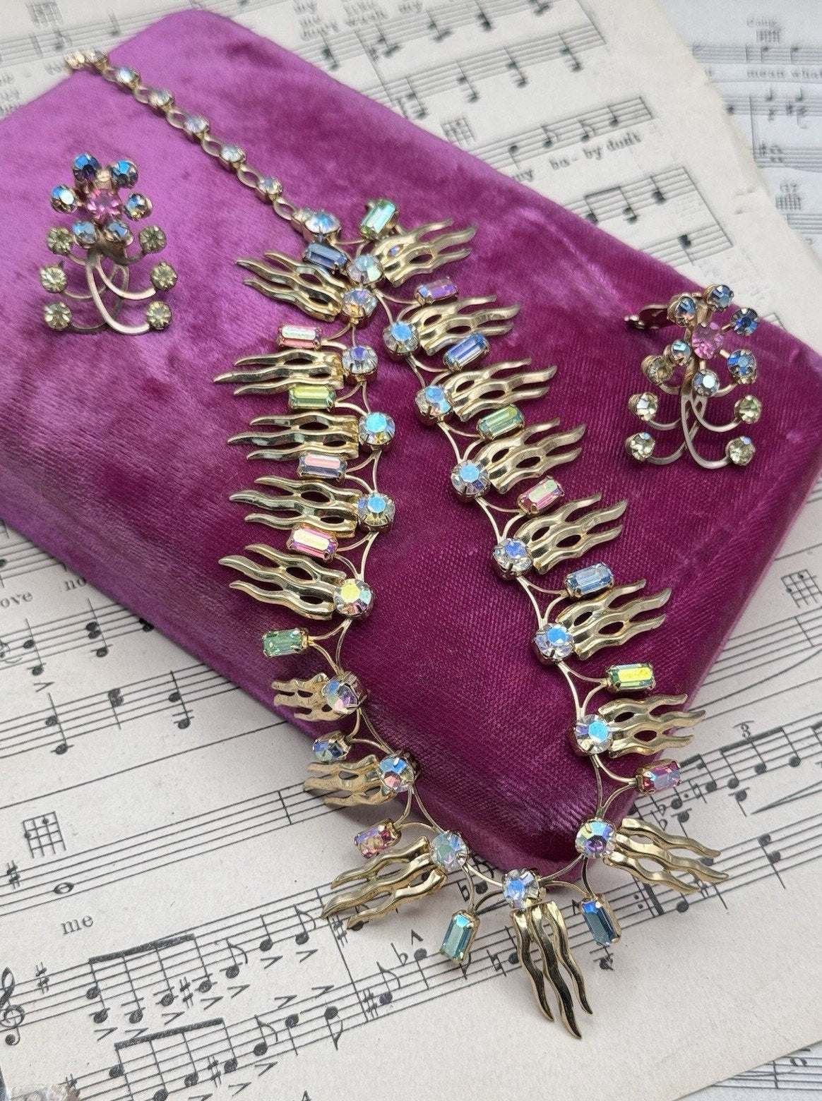 Mid Century Rhinestone Necklace Earrings Set Multicolor AB Goldtone 16”