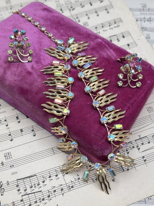 Mid Century Rhinestone Necklace Earrings Set Multicolor AB Goldtone 16”