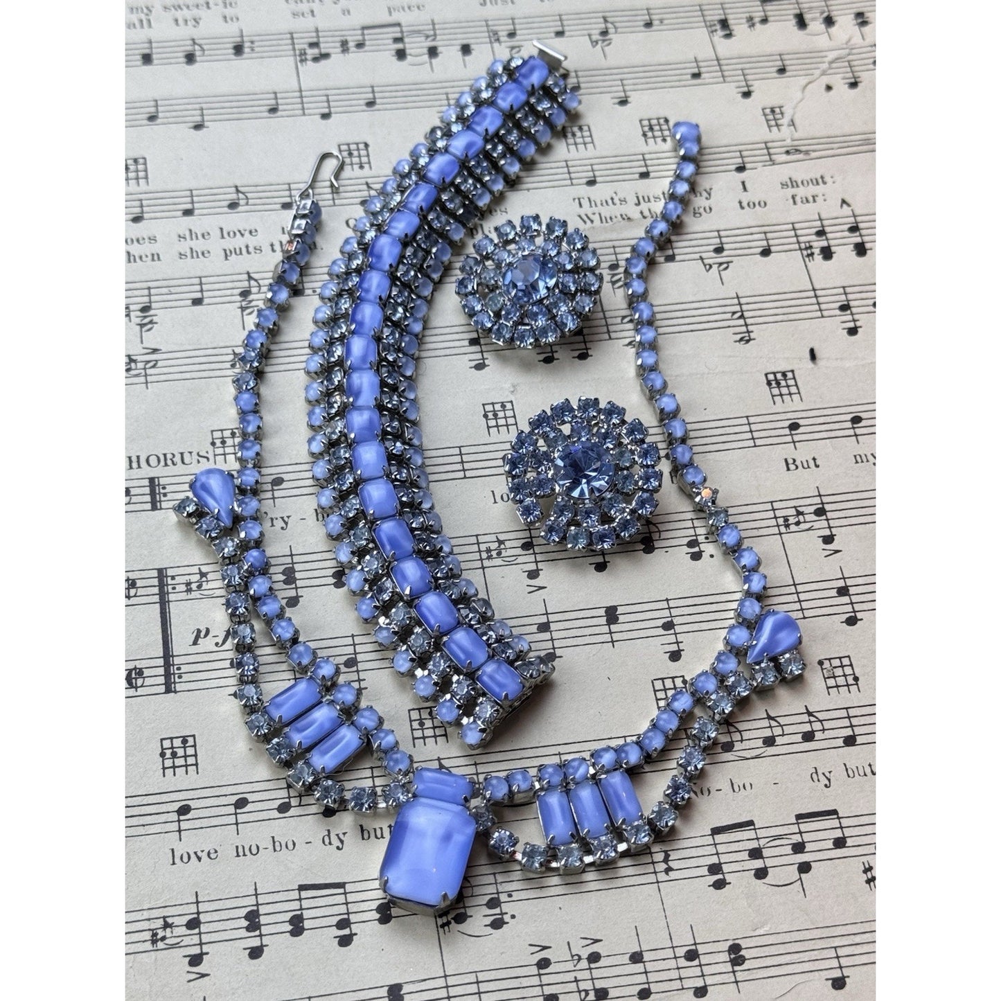 Joseph WARNER Jewelry Set Blue Rhinestone Lucite Necklace Bracelet Earrings