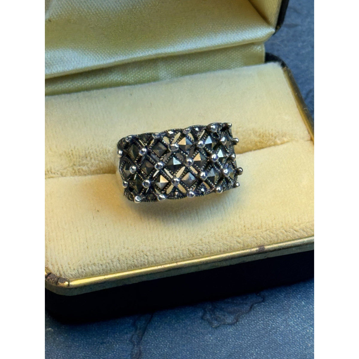 Sterling Silver Marcasite Ring Lattice Wide Band Signed 925 Thai Size 9.75 0.5”